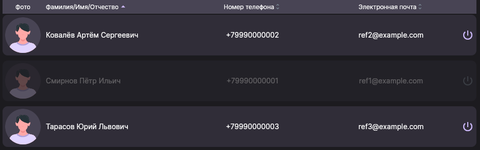 Тот же список судей: средняя строка выцвела, её выключатель потускнел, у двух других строки яркие