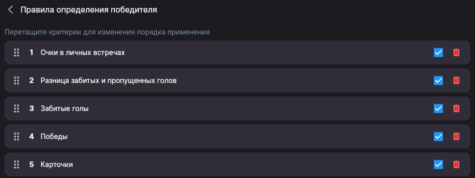 Экран «Правила определения победителя» со списком критериев и порядком применения
